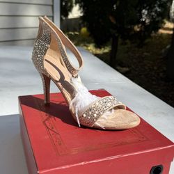 Gold and silver embellished high heels with feather detail size 10