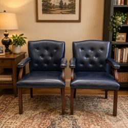 Pair of Navy Blue Tufted Faux Leather Armchairs with Nailhead Trim