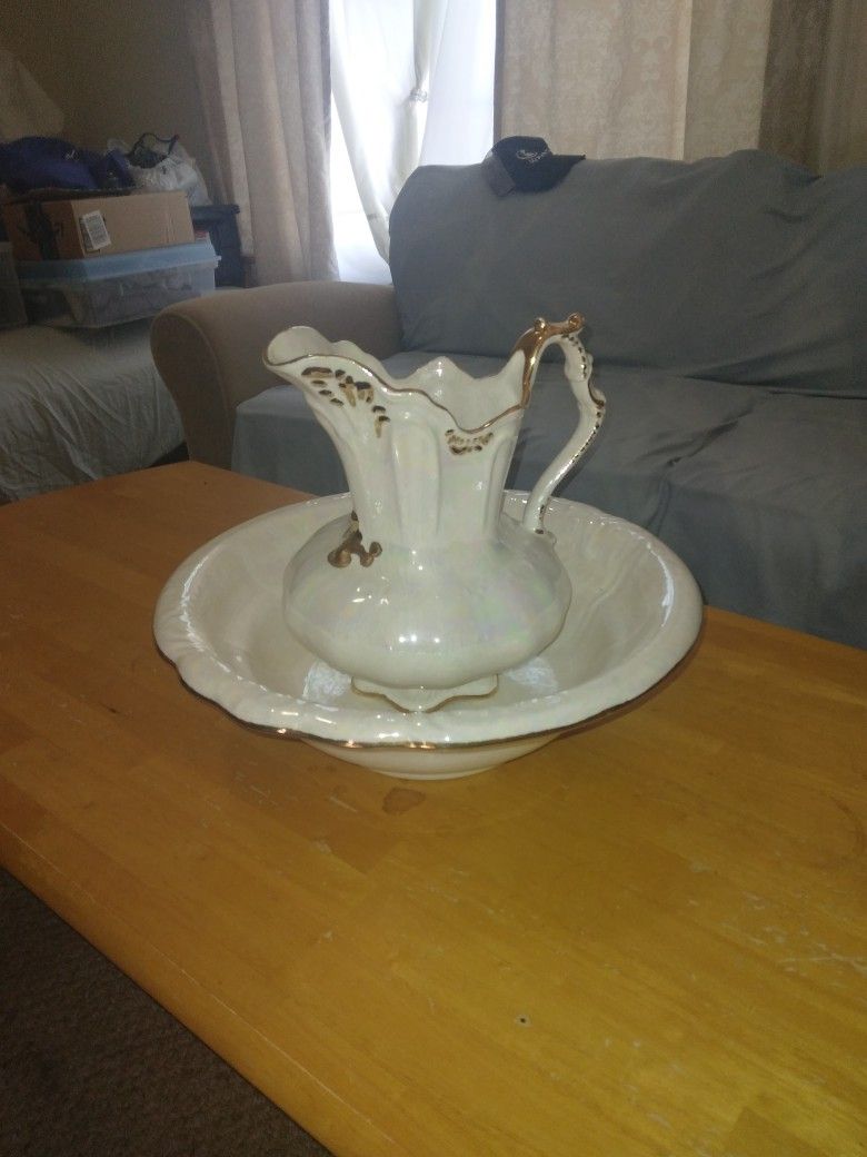 Decorative Glass Pitcher & Bowl