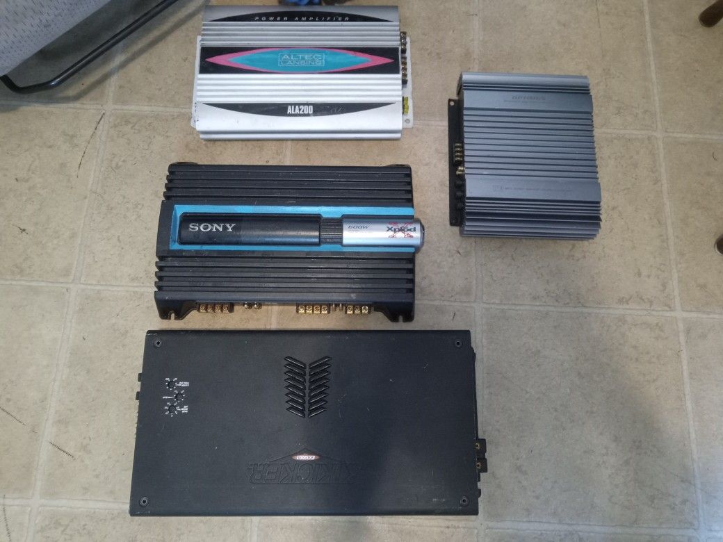 Amps Old School US Made Kicker KX 1200.1, Altec Lansing ALA200 Power Amplifier, Thailand Made Sony ZR604 4ch (Not Cheap Chinese Models), Optimus 2ch 