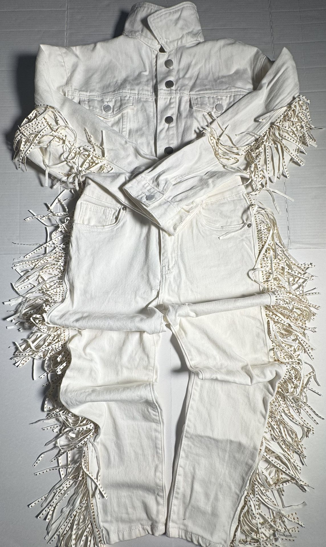 Pre Owned Defect Discolored Neck Waist Last 3 Photos American Bazi Western Denim Fringe Jacket & Pants Set Women Size Medium