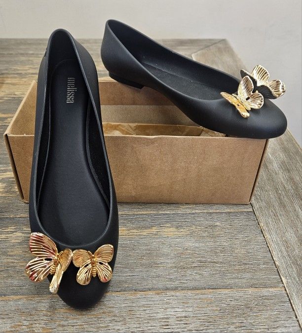 NIB MELISSA Doll Butterfly Jelly Ballet Flats in Black and Gold 10