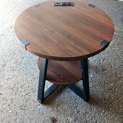 Brown 2 Tier End Table with 2 Outlets and 2 USB Black Metal Legs