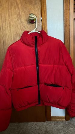 Red puffer jacket