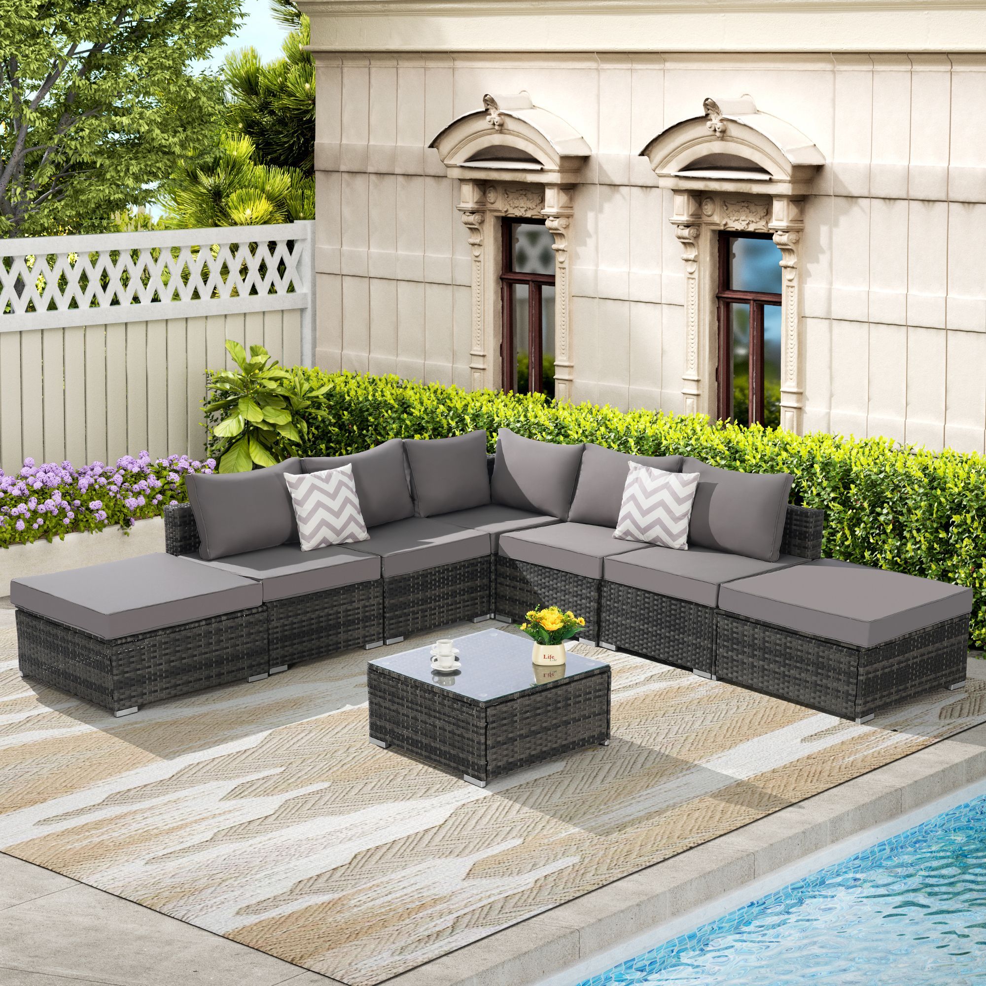 8 Pieces Outdoor Patio Sectional Sofa Couch,Wicker Furniture Conversation Sets with Washable Cushions & Glass Coffee Table for Garden, Poolside, Backy