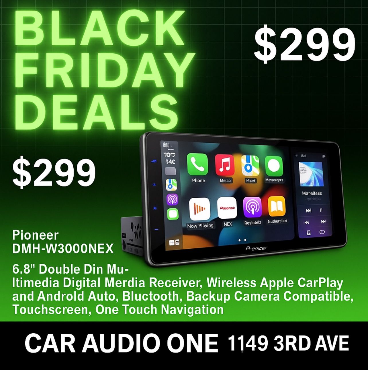 Pioneer DMH-W3000NEX 6.8" Double Din Multimedia Digital Media Receiver, Wireless Apple CarPlay and Android Auto, Bluetooth, Backup Camera Compatible, 