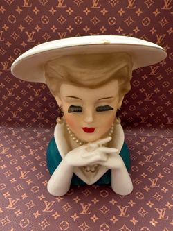 Vintage Lady Head Vase Blonde White Hat Green Dress Pearl Japan #495 *Read*