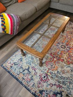 Vintage 1980s/90s-style matching wood and glass table set