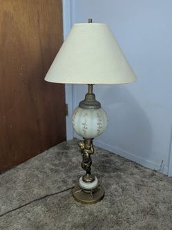 Hollywood Regency brass and glass cherub lamp