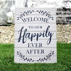 Barnyard Designs Welcome To Our Happily Ever After Sign Rustic Vintage Decor For Weddings and Home 23.5” x 17.75”