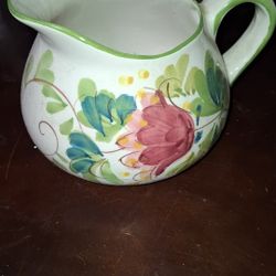 Vintage Hand Painted Floral Portuguese Pottery-Squat Pitcher