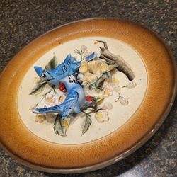 Blue Jay decorative 10"" porcelain plate, Handpainted, made in Bedford, OH