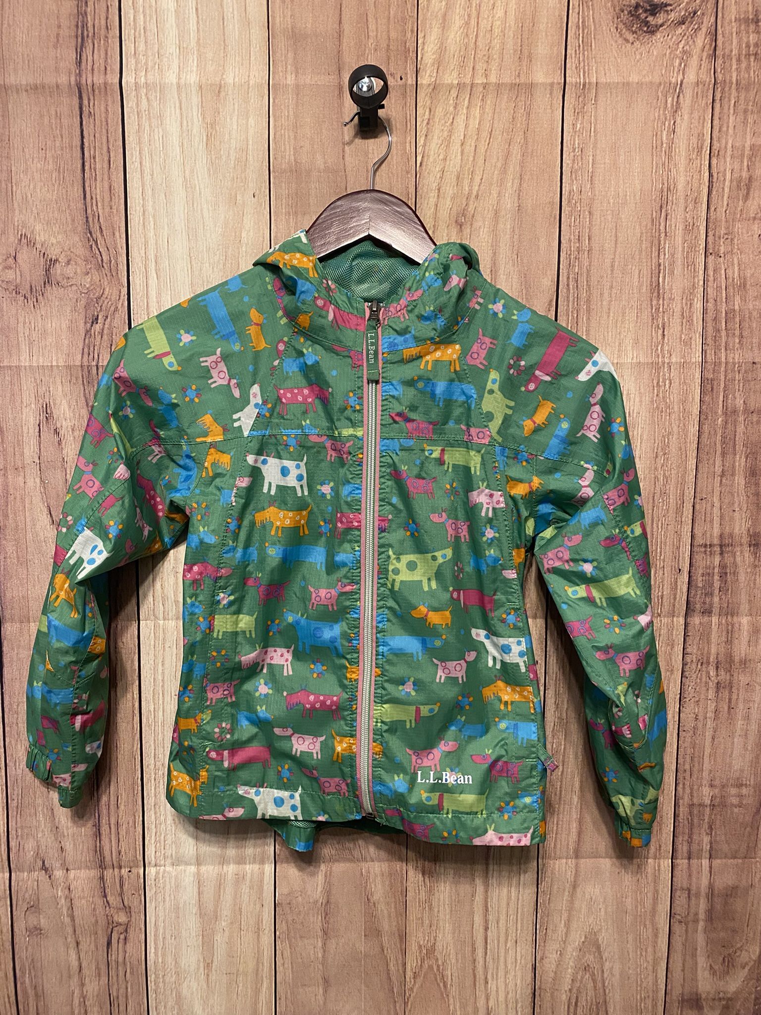 LL Bean Kids 6X-7 Jacket Green Windbreaker Animal Dog Print rain