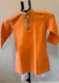 Bright tangerine orange with silver brocade detailing Kurta & White Pajama in Size 4 for kids/Boys