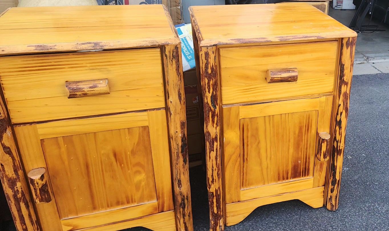 Vintage 2 Rustic Log Wood Nightstand 1-Drawer End Table Natural Cabin Lodge