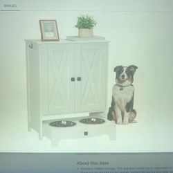 NEW Dog Feeding Station. W/Storage, Elevated Dog Bowls Stand, Dog Food Storage Cabinet w/Adjustable Shelf & Hooks,Sliding Drawer w/2 Hidden Bowls. WHI