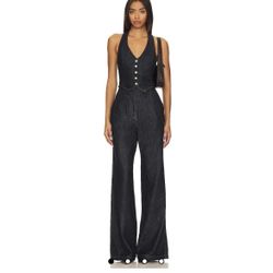 Amanda Uprichard Isadore Denim indigo halter top wide leg flare Jumpsuit S
