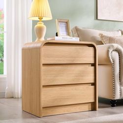 ES190 $50  25" Tall Modern Nightstand with Charging Station, 23.6'' Wide Wood Bedside Table w/3 Storage Drawers, Small Dresser w/Curved Profile Design