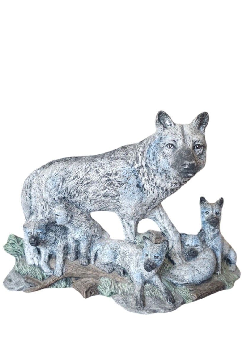 Wolf Mother And 5 Cubs Porcelain Statue