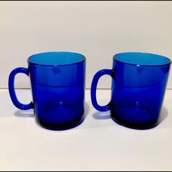 Vintage Bormioli Rocco Sapphire Blue Glass Set of 2 Mugs 3.5” tall. Excellent condition, signed France on bottom.
