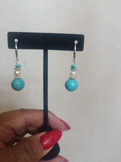 Turquoise And Pearl Hand Made Earrings 