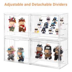 Acrylic Display Case, Clear Display Box with 3 Adjustable Dividers, Figurine Display Shelf with Magnetic Door, Stackable Clear Storage Box/Bins