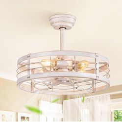 LEDIARY 20 Inch Fandelier Caged Ceiling Fan with Light, Bladeless Ceiling Fan with Remote, Small Farmhouse Fan Lights Ceiling Fixtures for Kitchen, Be