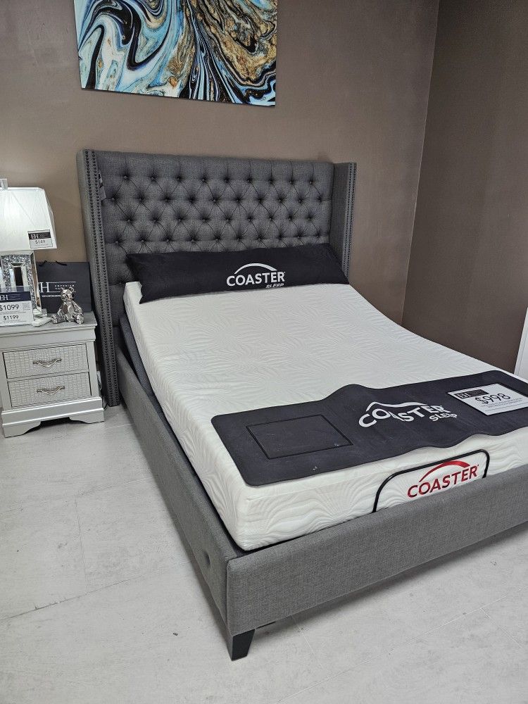 Queen Bed Grey Tufted Linen Display