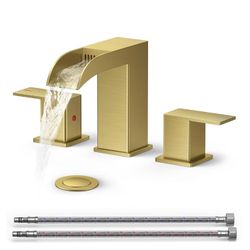 QFN Brushed Gold Bathroom Faucet 3 Hole, 8 Inch Widespread Square Sink Faucet Bathroom with Metal Pop-up Drain and 24" CUPC Supply Line, Lead-Free 2 H