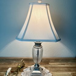 Antique Vintage Silver Glass Lamp / Silk Eggshell Lampshade