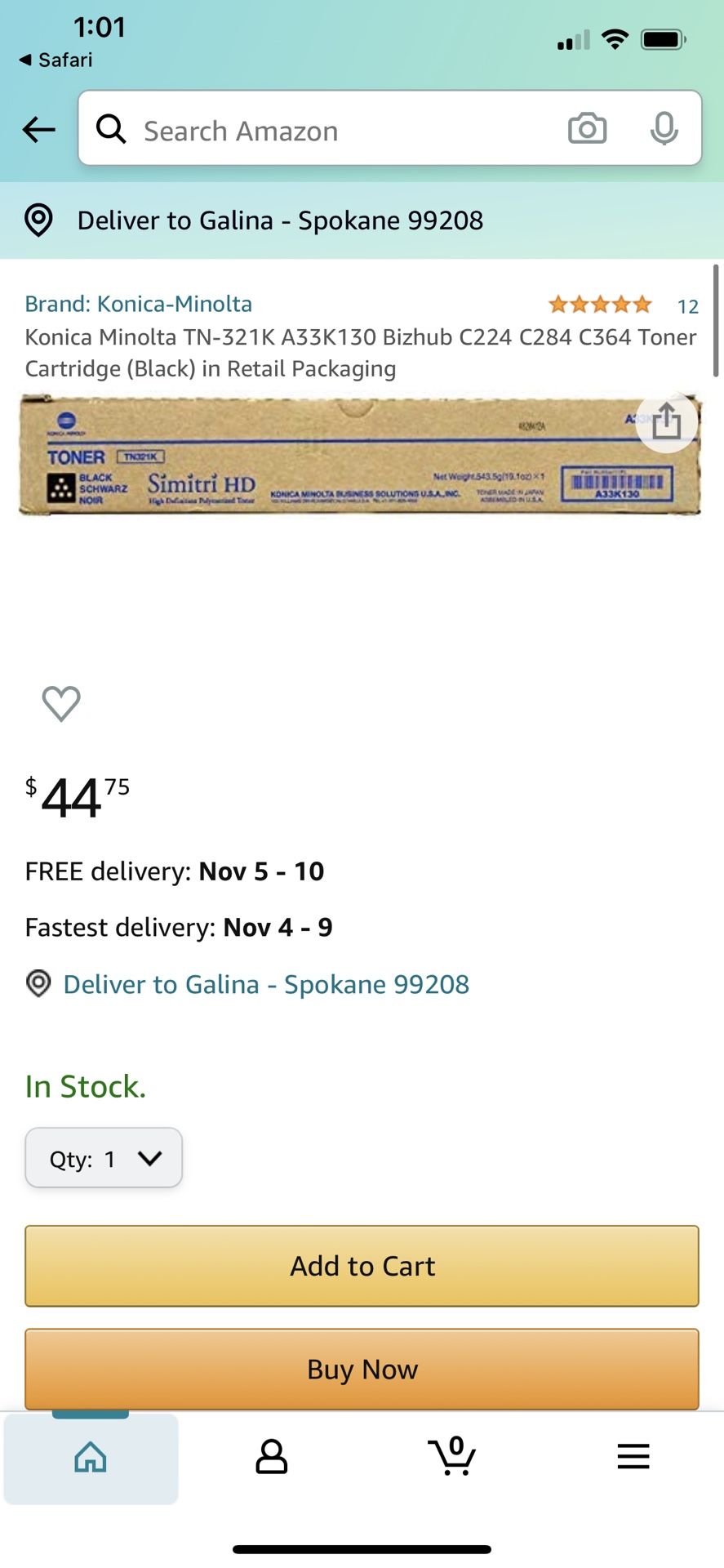 (toner) Konica Minolta TN-321K A33K130 Bizhub C224 C284 C364 Toner Cartridge (Black) in Retail Packaging