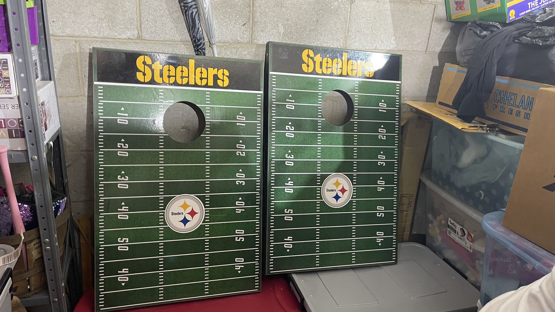 Two Steelers Corn Hole Games Wood With Bean Bags 