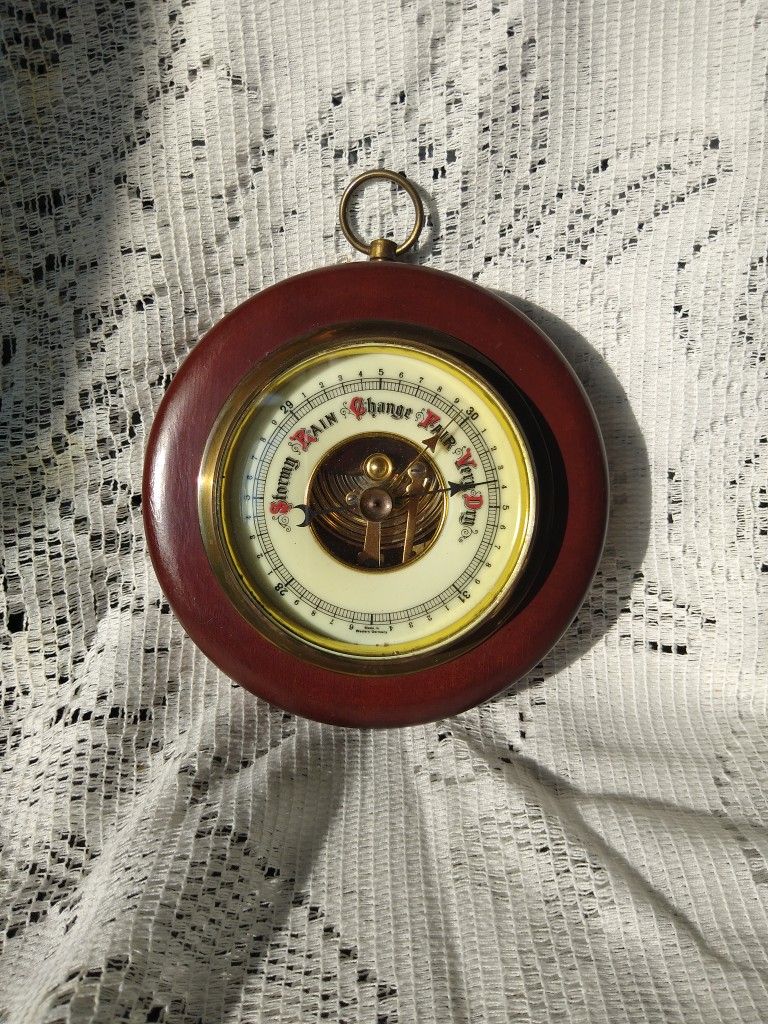 IMMACULATE Early Wooden Marine Barometer Porcelain Face German Made Weather Station West Germany