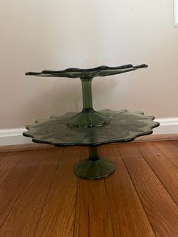 2 Vintage green glass pedestal cake stands