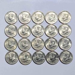 Roll of twenty brilliant almost uncirculated AU grade 1971 John F Kennedy half dollar coins