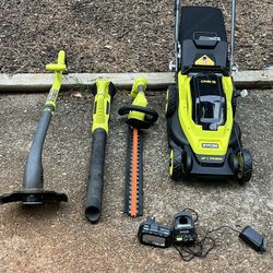 Ryobi 18 V 13 inch push mower string trimmer leaf blower hedge trimmer battery charger used 160