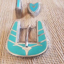 Western Cowboy Turquoise Tone Metal Steer Belt Buckle 3 Pc