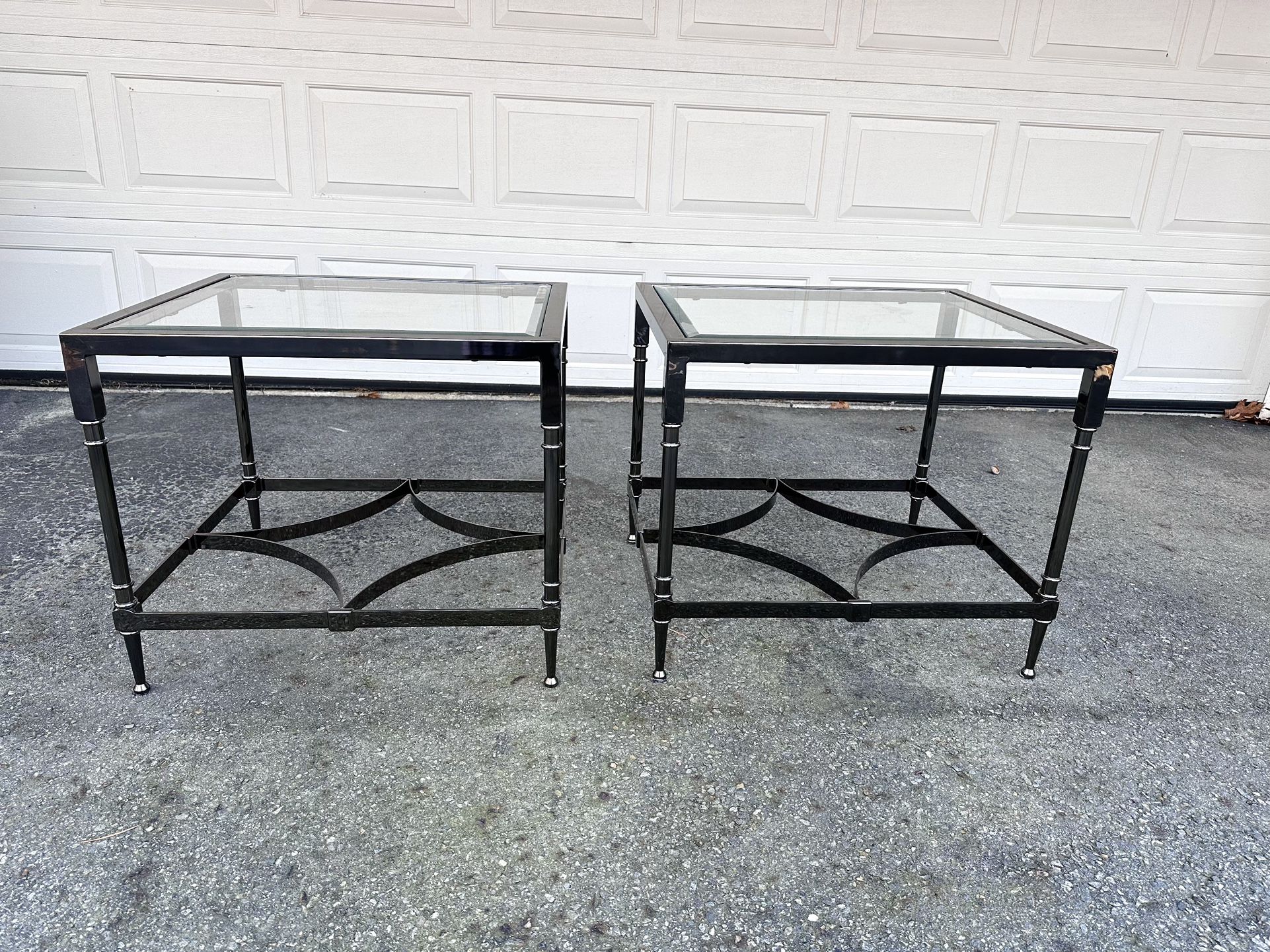 A Pair Of Metal Body Glass-top End Tables