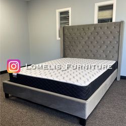 Queen Size Grey Wingback Tufted Bed W Ortho Mattress