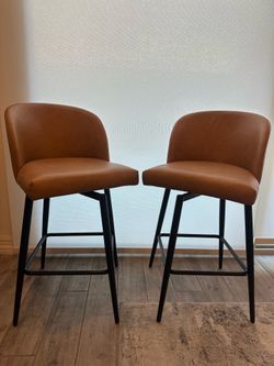 Saddle Tan Faux Leather Swivel Chairs - Black Metal Legs - 24” - Like New