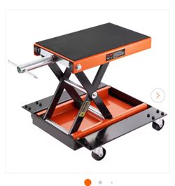 NEW IN BOX Shop VEVOR Motorcycle Jack Lift 1100 LBS. ATV Scissor Lift with Dolly, Center Hoist Hand Crank, Deck, Tool Tray for Bike Motorcycle