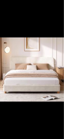 Queen Cloud Bed Frame, Wood Boucle Upholstered Platform Bed, Cream White | Adjustable Headboard, Rounded Corners, Easy Assembly, Modern Cama Queen