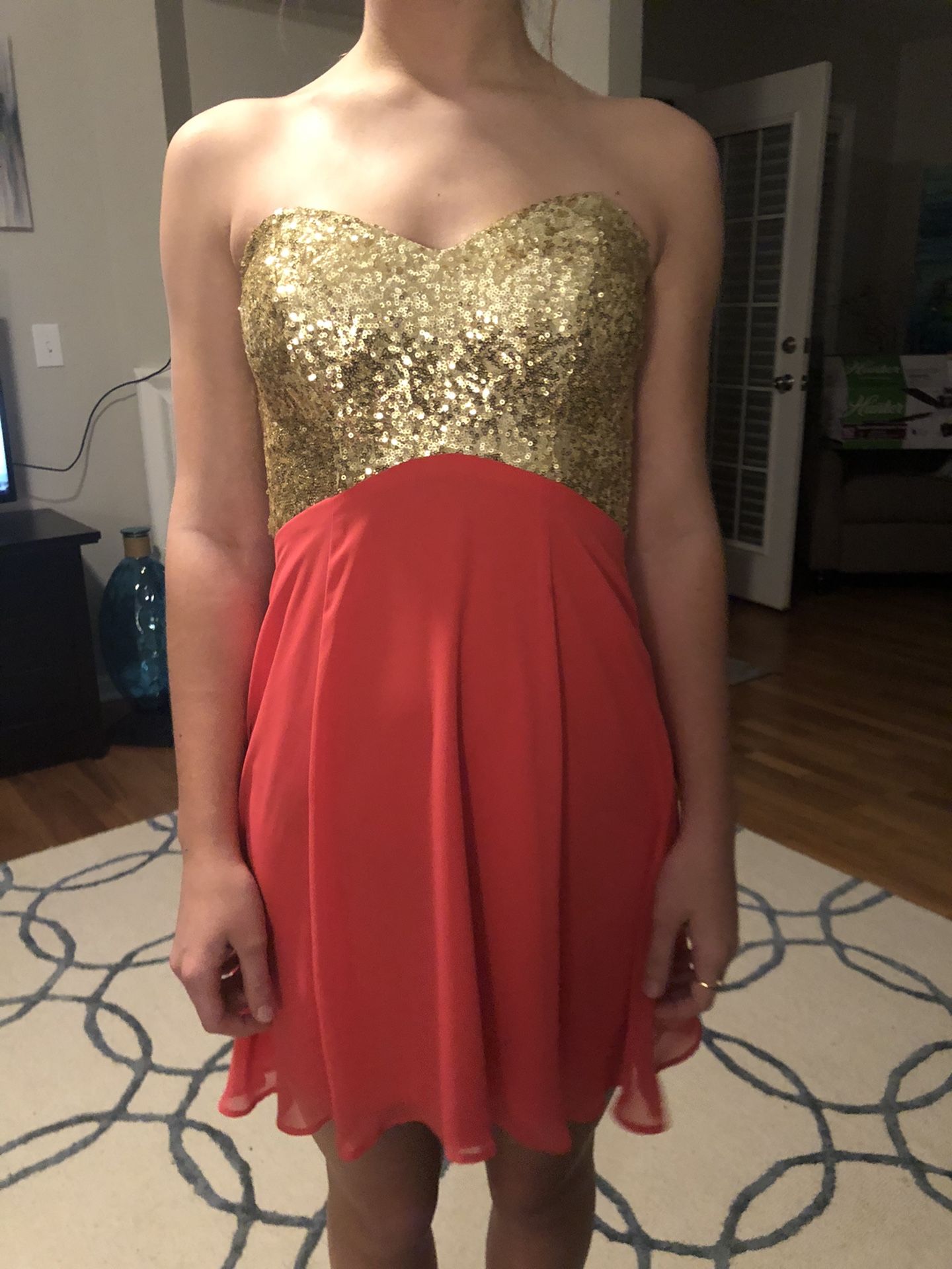 Coral Dress with Gold Sequins By B DARLIN size 5/6