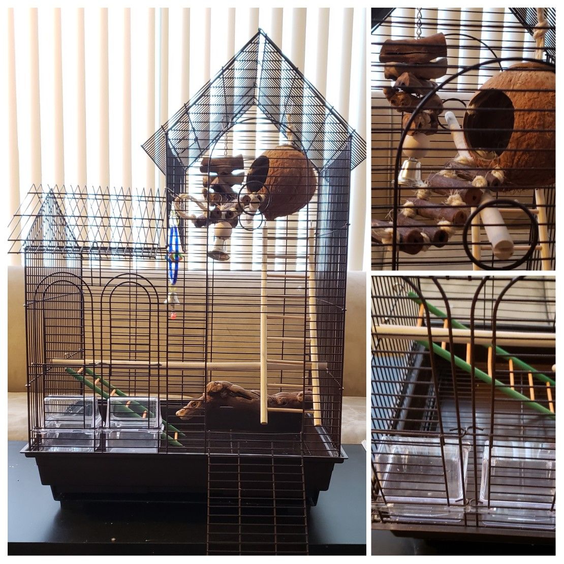 Bird Cage, bird toys, and food