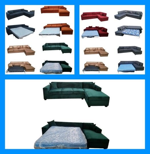 Brand NEW 9x5.5ft And 7X9FT SECTIONAL COUCHES Chaise WITH SLEEPER, Velvet Evergreen, BLACK LEATHER, Annapolis GRANITE FABRIC