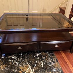 Modern  Coffee Table With Sophisticated Smoky Glass And Drawers