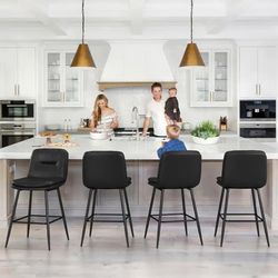 24 in. Modern Metal Frame Black Faux Leather Upholstered Counter Stools with Footrest Set of 4