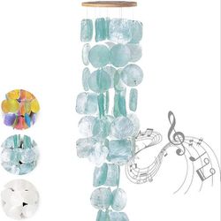 Brand New Wind Chimes for Outside - Unique Aqua Sea Glass Capiz Shells Windchime for Outdoors. 26 Inch Garden Decor Makes A Great Gift for Christmas.