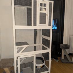 PawHut 74" Wooden Catio Outdoor Cat Enclosure Weatherproof & Wheeled, Outside Cat House with High Weight Capacity, Kitten Cage Condo, White