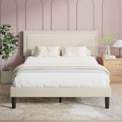 Full Size Upholstered Bed with Adjustable Headboard, No Box Spring Needed Platform Bed Frame